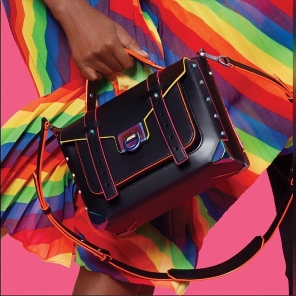 Michael Kors MK Manhattan neon contrast
trim black satchel bag crossbody - Picture 3 of 9